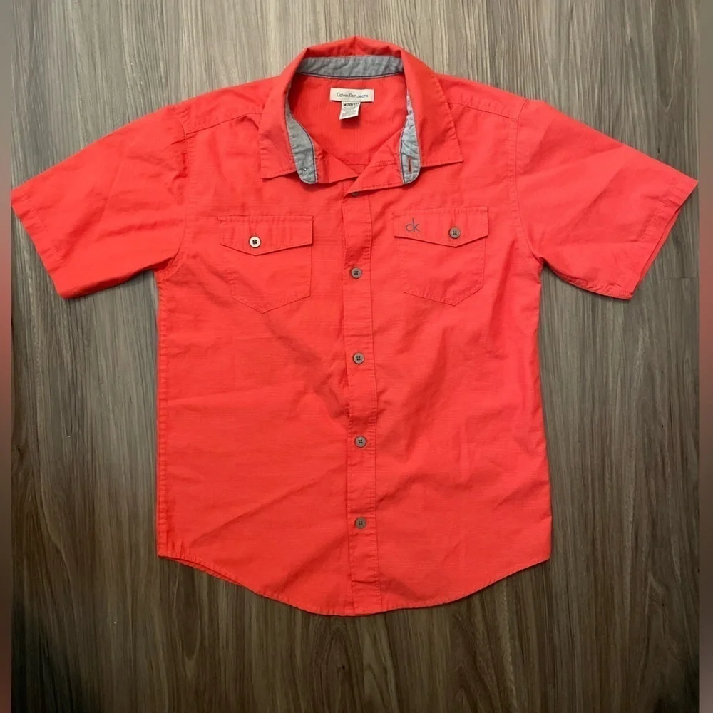Calvin Klein Jeans Boys Orange Button Down Shirt Short Sleeve size M